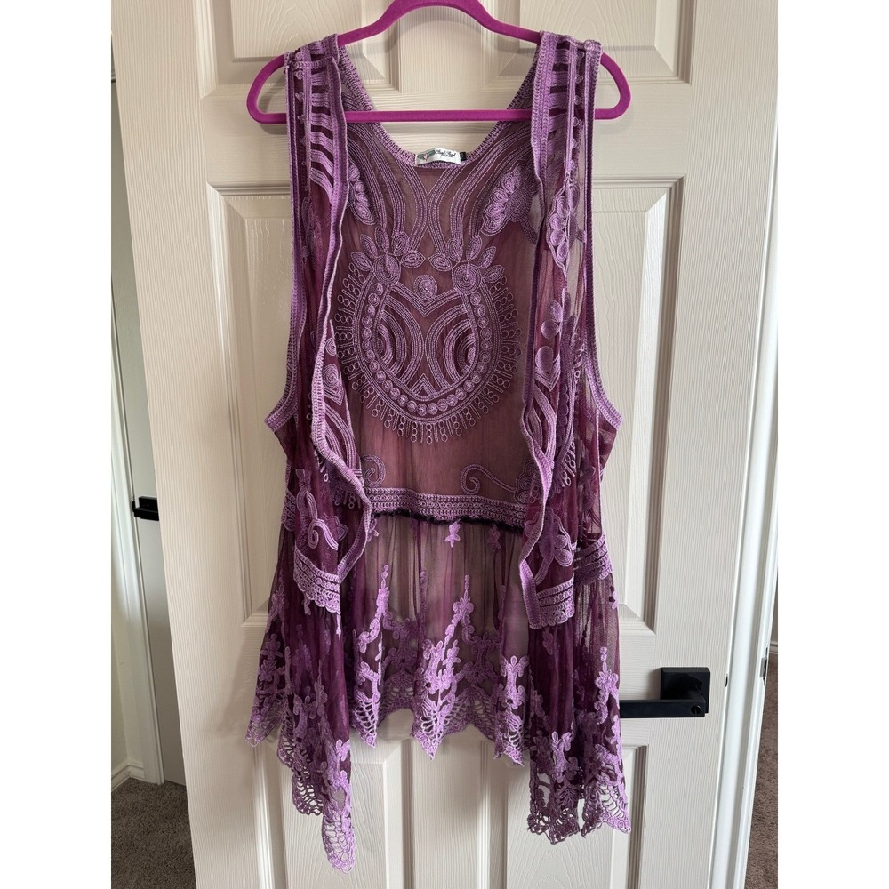 Angel Heart Boutique Vest Womens Plus Purple Mesh Boho Embroidered Lace Festival